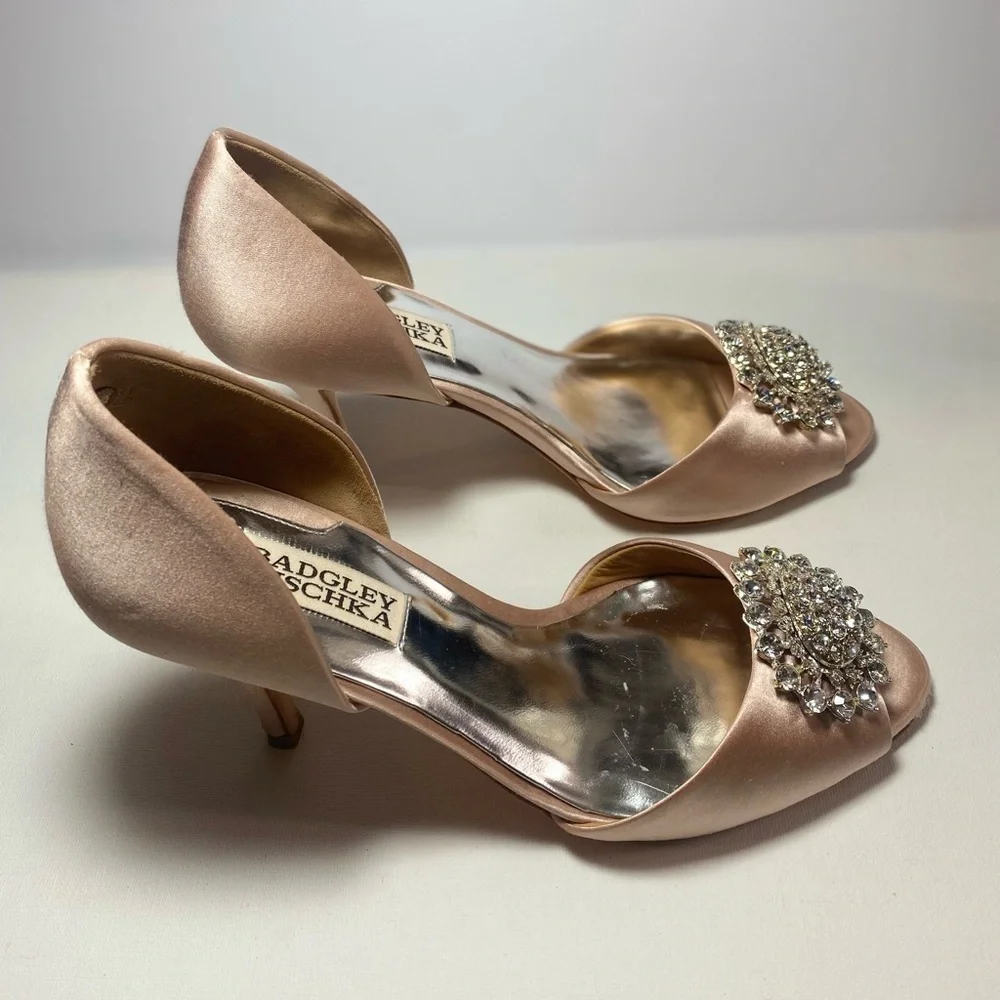 Badgley Mischka Women's Satin Peep-Toe Heels - Champagne with Crystal Features